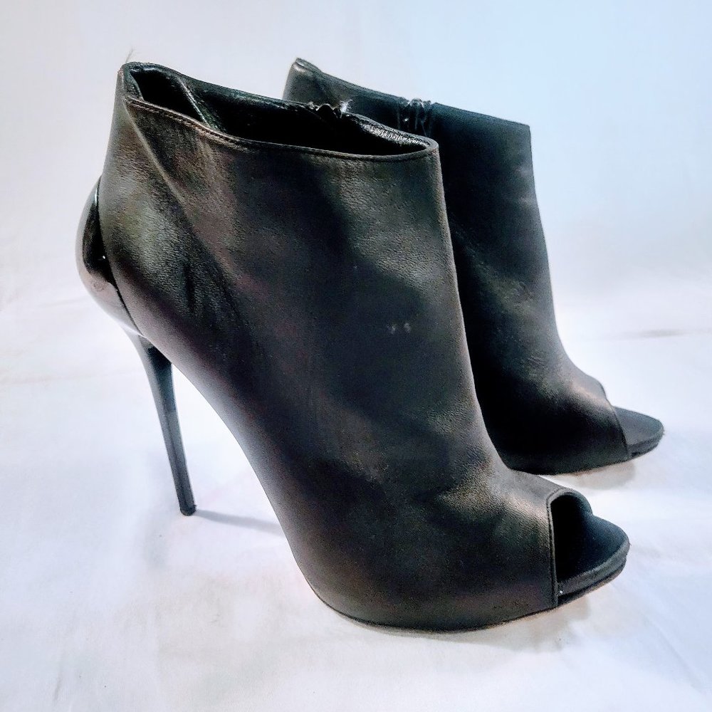 Alexander McQueen Black Leather Ankle Stiletto Booties Platform Peep Toe Heels - Picture 2 of 15